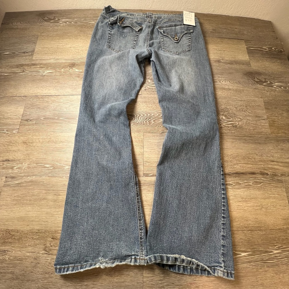 Angels Flare Jeans Womens 15 Blue Low Rise Double Button Y2K Distressed Hem